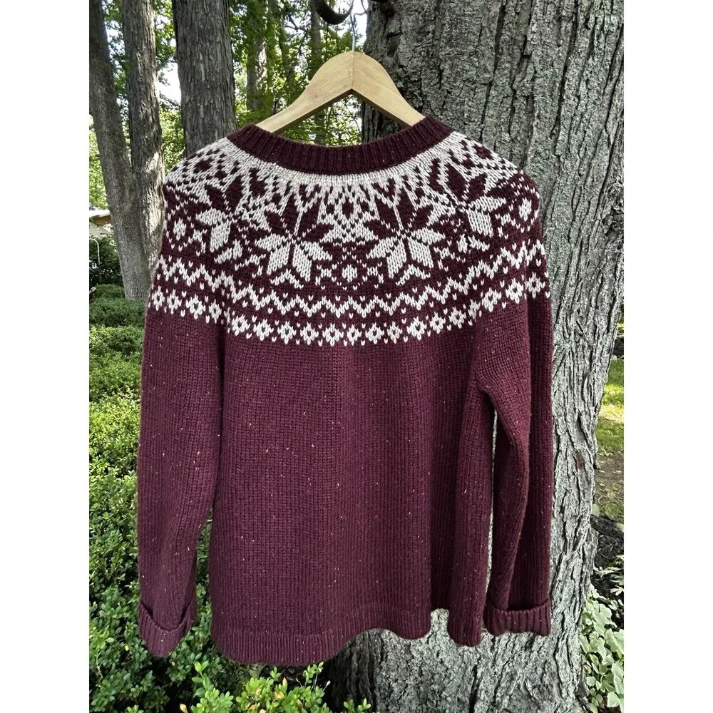 Woolrich Cardigan Sweater Size Large Fair Isle Nordic Wool Blend Maroon Snow